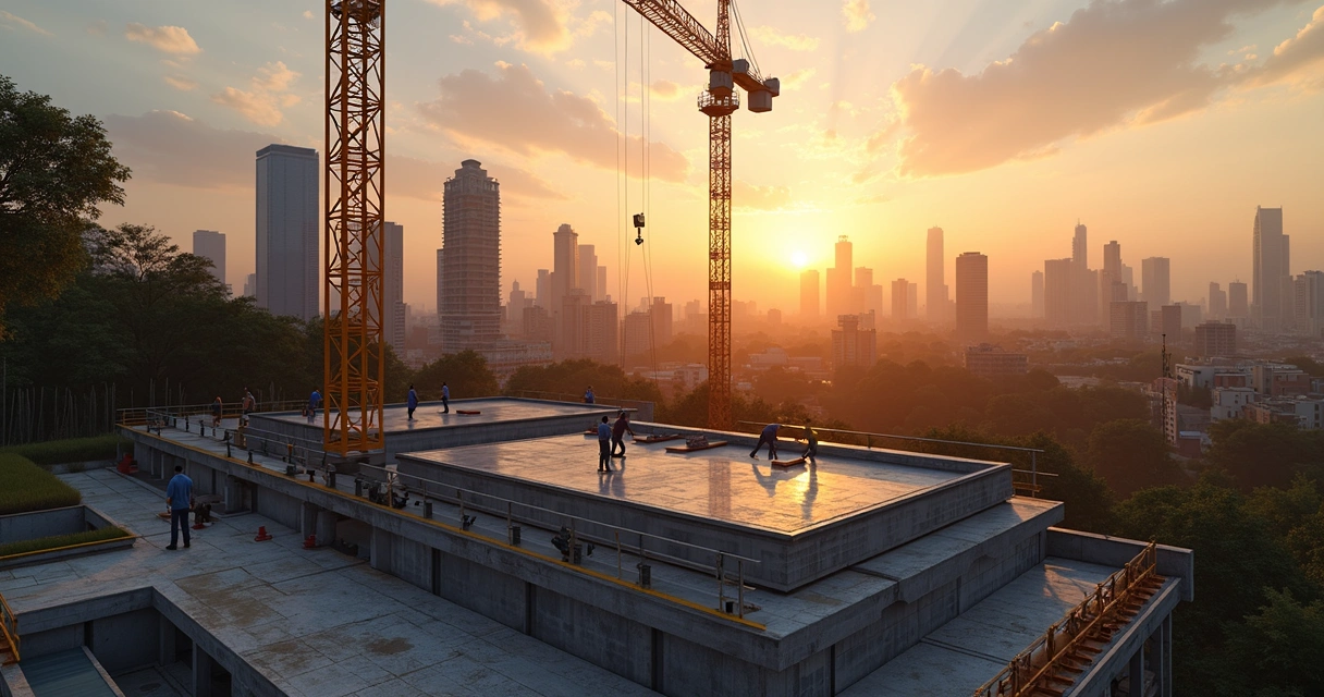 Canteiro de obras com estrutura metálica sendo montada ao entardecer 