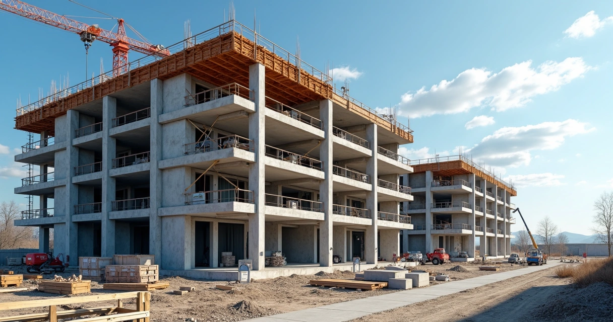 Prédio em construção na planta, com estrutura visível e material de obra no canteiro