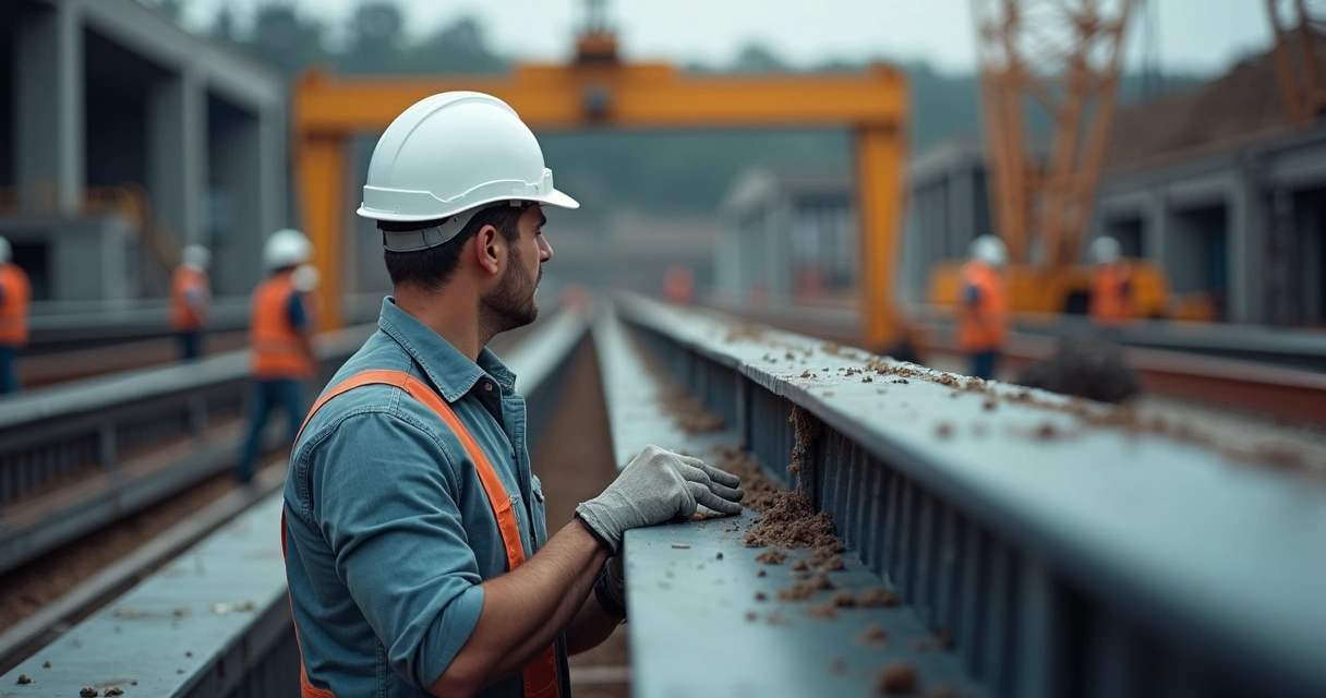 Trabalhador inspecionando estrutura metálica industrial em construção 