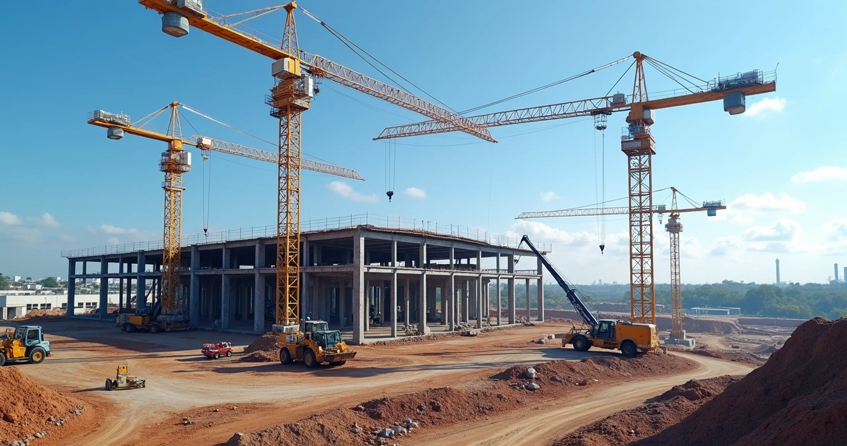 Obra industrial em construção com guindastes e maquinário em funcionamento no Paraná 