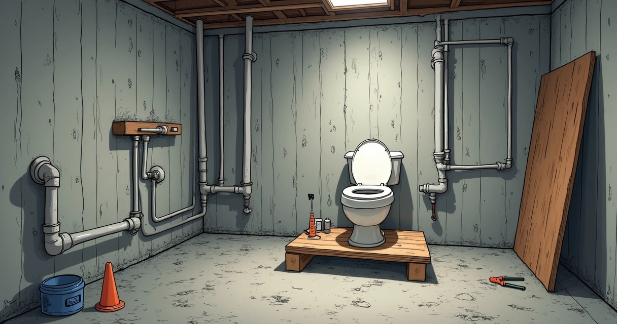 Banheiro improvisado em uma obra inacabada 