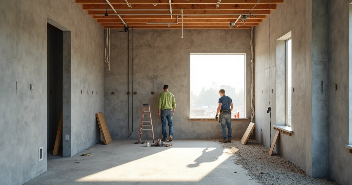 Construção de interior de kitnet com paredes de bloco de concreto 