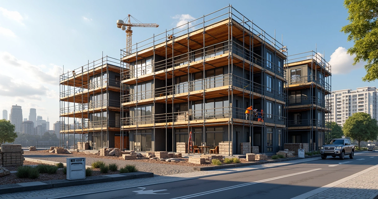 Obra de kitnet em andamento em área urbana, com andaimes e materiais empilhados