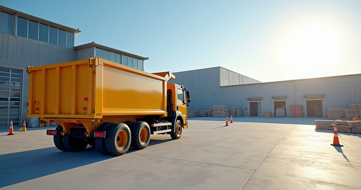Caçamba de entulho em frente a uma obra limpa e organizada 