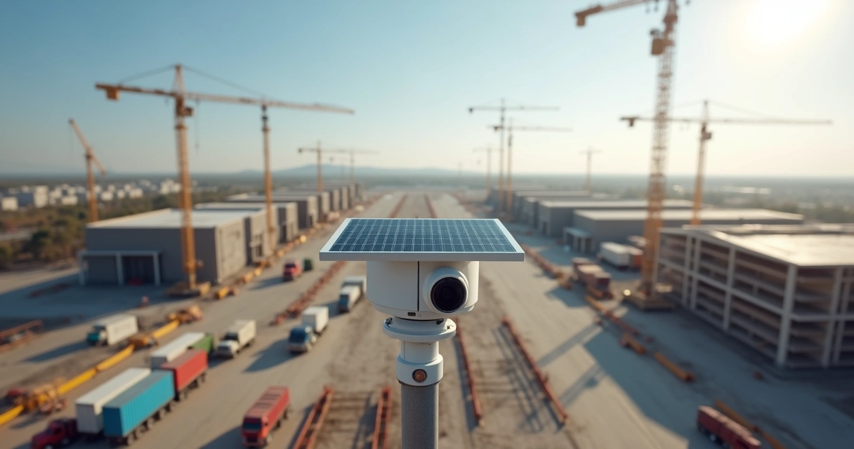 Câmera 4G instalada em obra logística monitorando área ampla, várias estruturas visíveis 