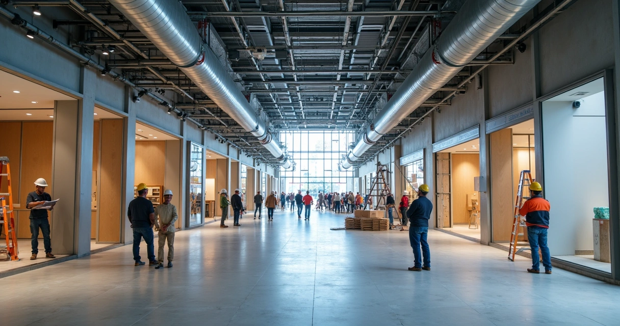 Equipe de construção trabalhando em loja em reforma dentro do shopping 