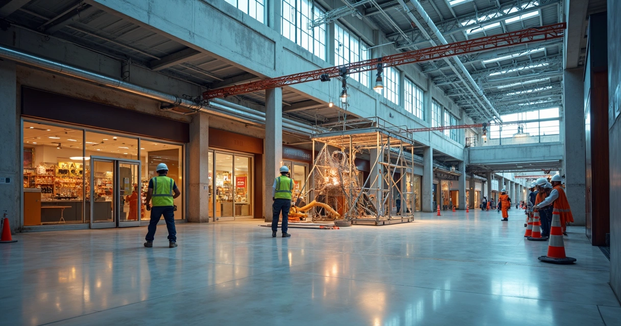 Obra de loja em shopping center com equipe instalando estrutura metálica 
