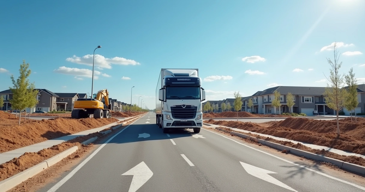 Caminhões em obra de loteamento urbano com solo demarcado 