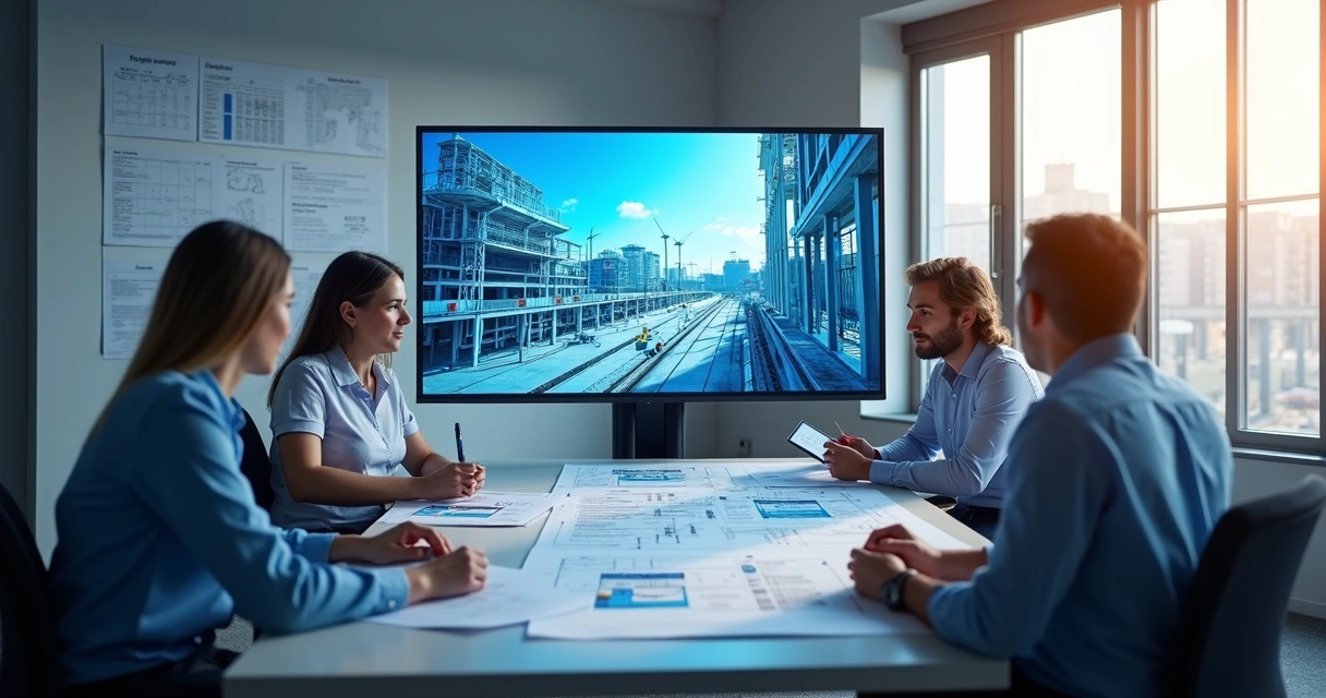 Equipe técnica analisando cronograma de obra com imagens na tela 