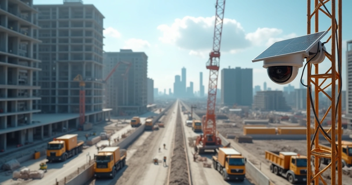Canteiro de obras monitorado por câmera com visão panorâmica, com trabalhadores e máquinas em ação.