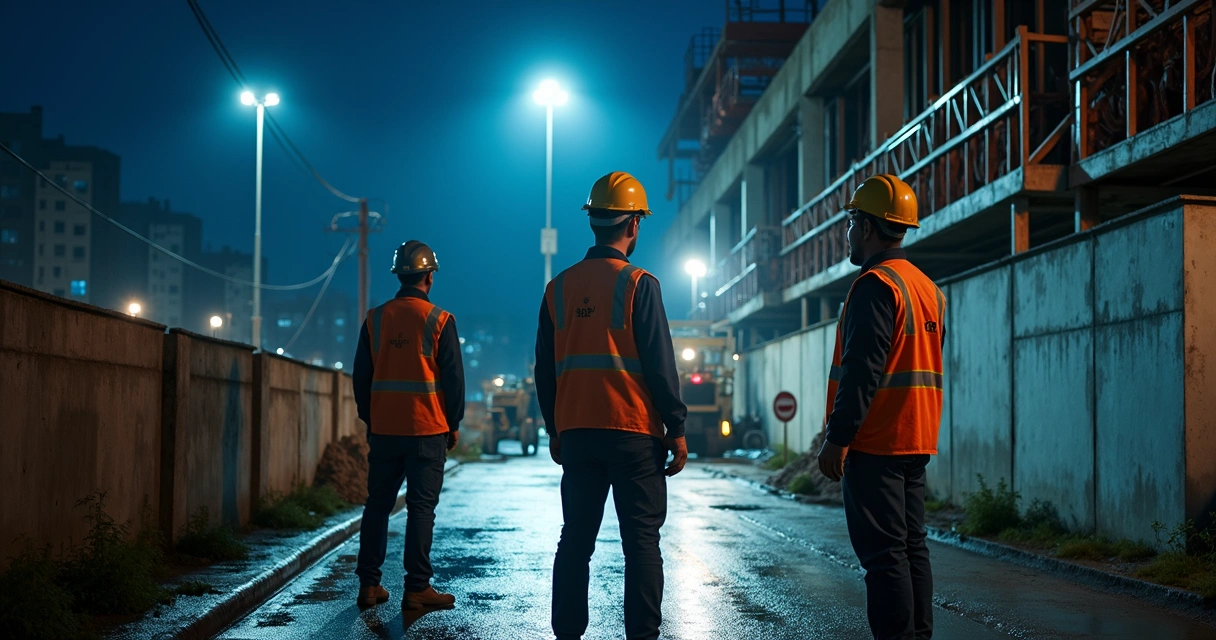 Trabalhadores em obra noturna com EPI e iluminação artificial