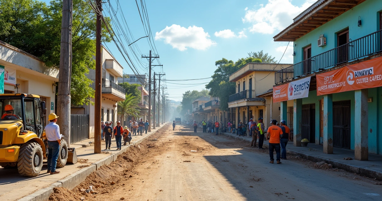 Operários trabalhando em obra de infraestrutura urbana em cidade pequena