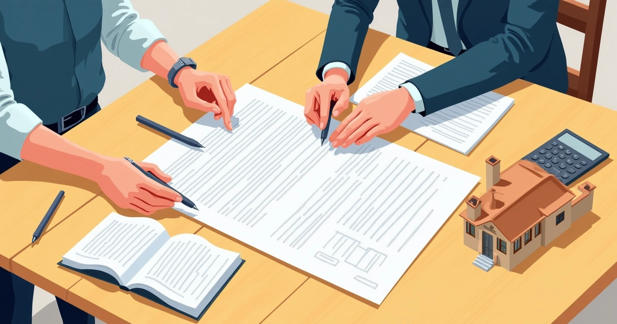Duas pessoas assinando contrato de obra em mesa com planta aberta 