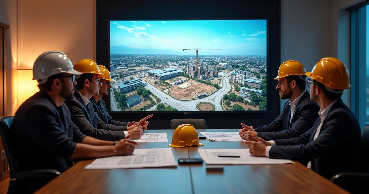 Equipe analisando imagens do avanço da obra