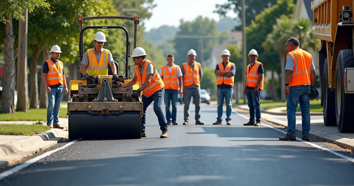 Equipe de trabalhadores asfaltando rua com apoio de moradores