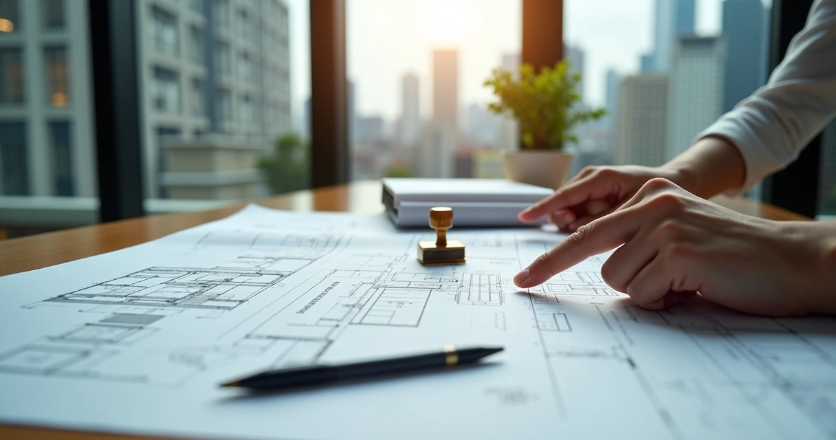 Documentos e plantas abertas sobre uma mesa de trabalho 