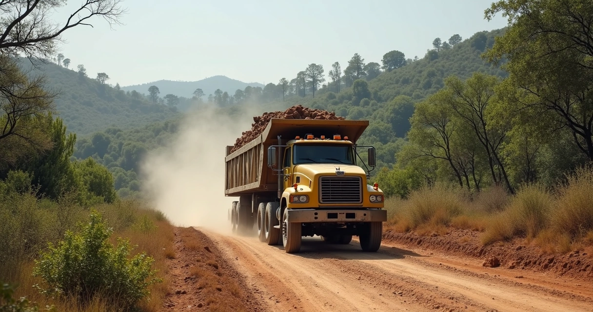 Caminhão em estrada de terra levando materiais para construção em local remoto 