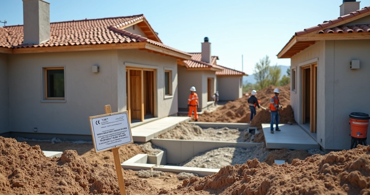 Funcionários iniciando obra residencial com placa de alvará visível 