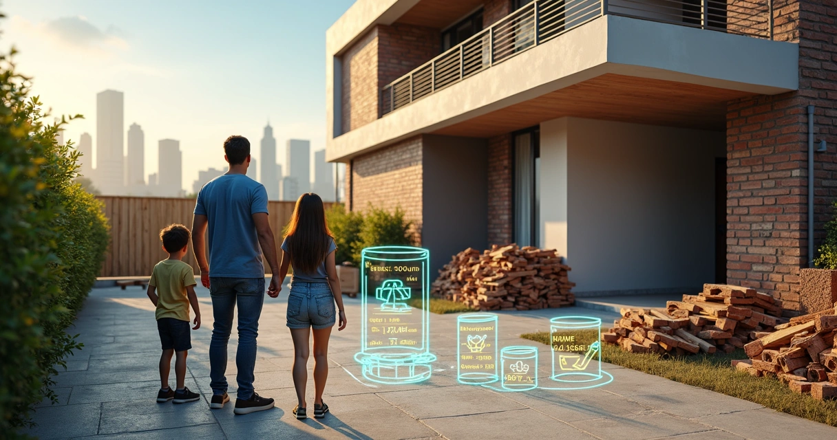 Família avaliando volumes de entulho em frente a obra residencial em Brasília 