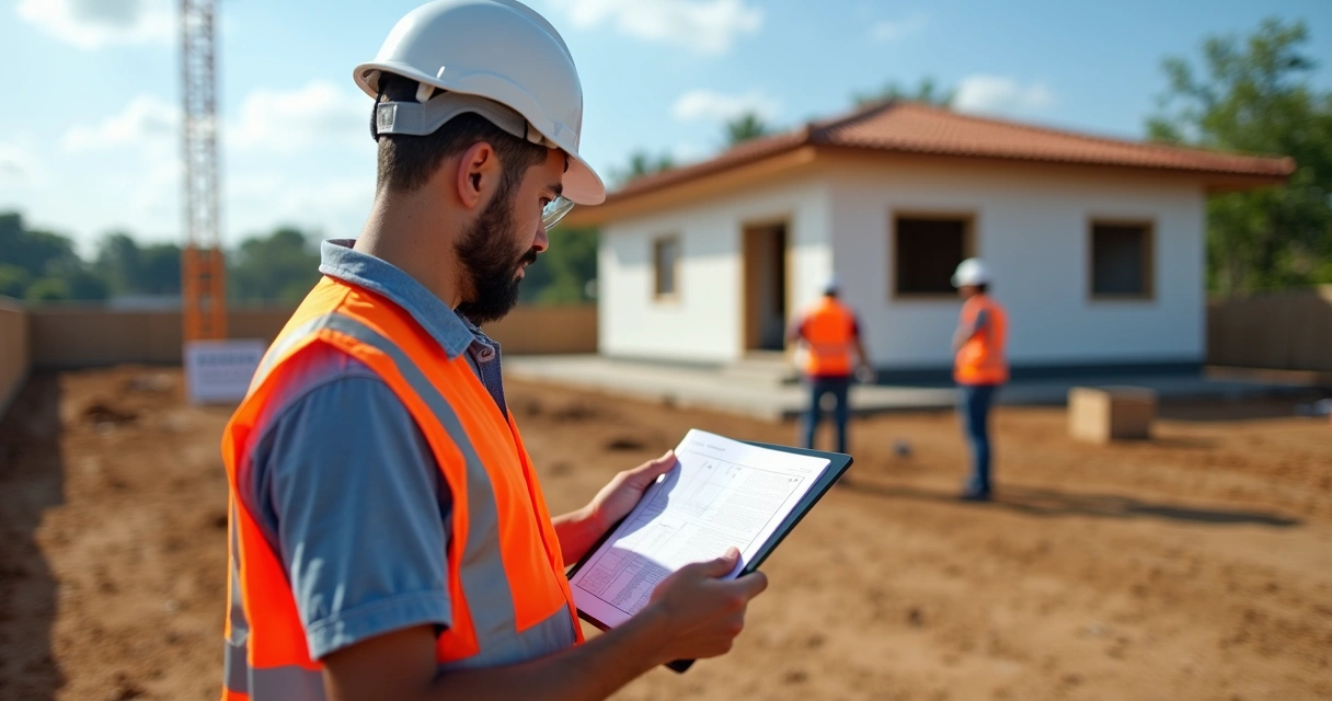 Engenheiro vistoriando canteiro de obra residencial em Campinas com documentação em tablet 