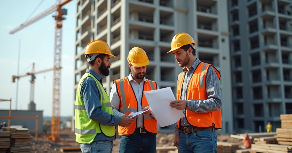 Equipe de obra consultando memorial durante construção de prédio residencial. 