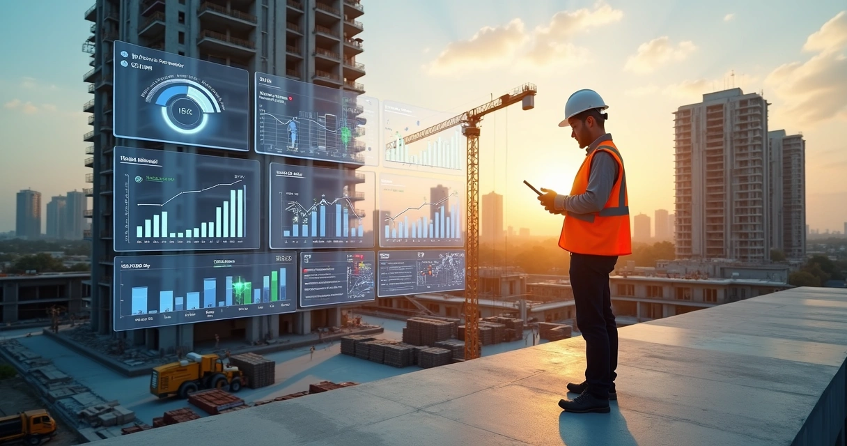 Gestor de construção residencial analisando painel de OKR em obra de edifícios 