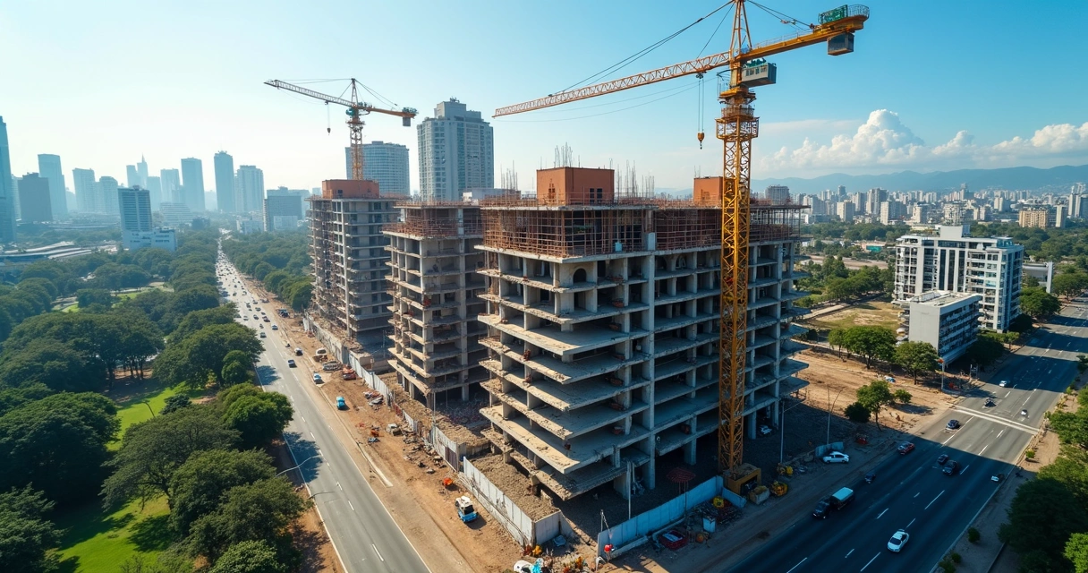 Vista aérea de construção residencial em São Paulo com detalhes de canteiro e entorno urbano 