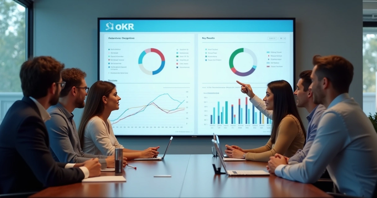 Reunião em empresa PME, gestores discutem OKRs na tela de um SaaS 