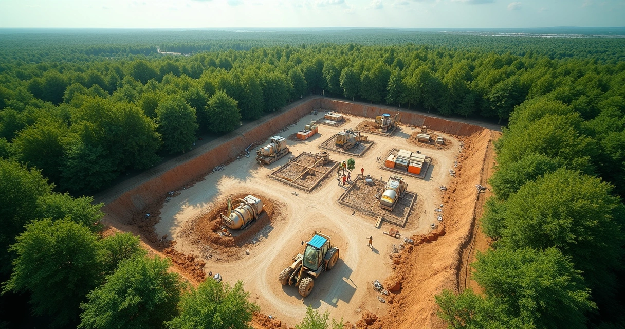 Vista aérea de canteiro de obras com árvores ao redor, destaque para área verde, trabalhadores construindo, dia ensolarado 