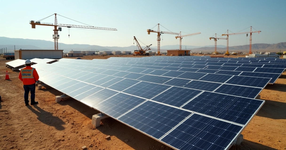 Canteiro de obras com painéis solares instalados e maquinário ao fundo 
