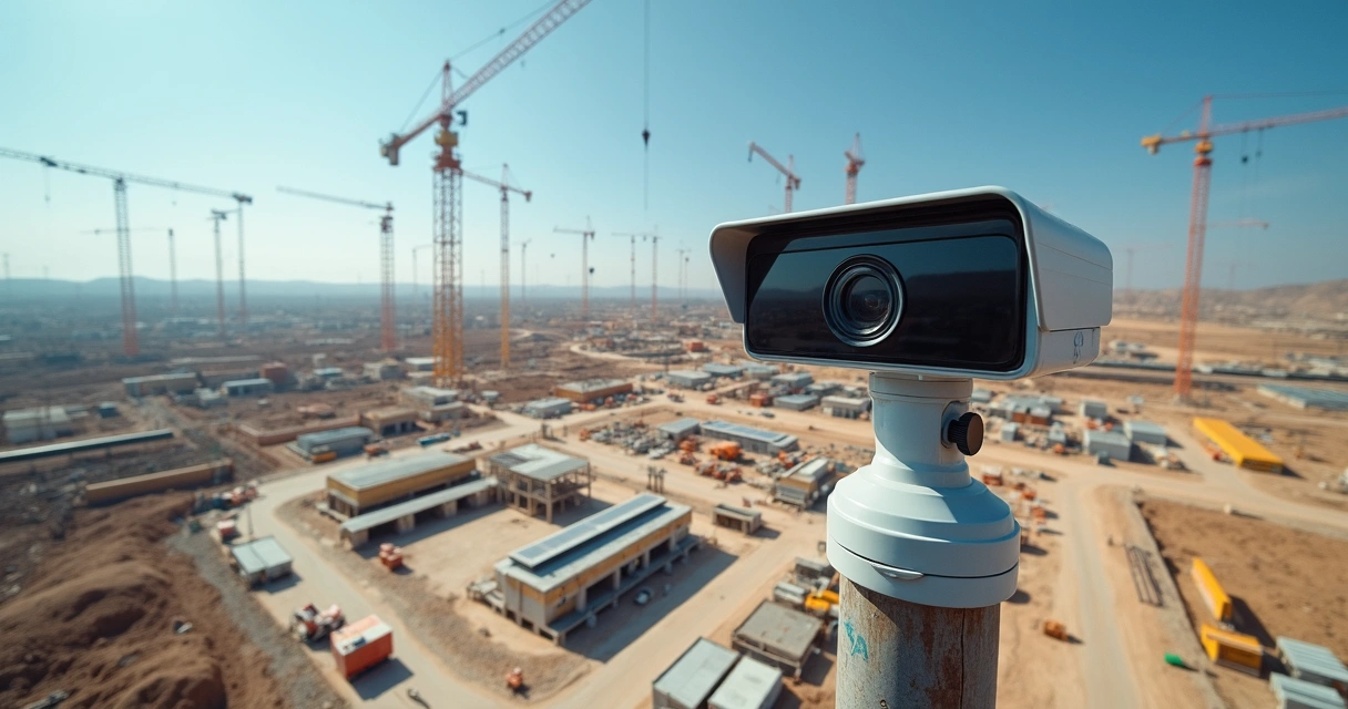 Canteiro de obras visto do alto com câmera de time-lapse instalada 