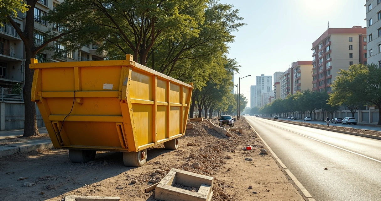 Caçamba de entulho ao lado de obra urbana em Brasília 