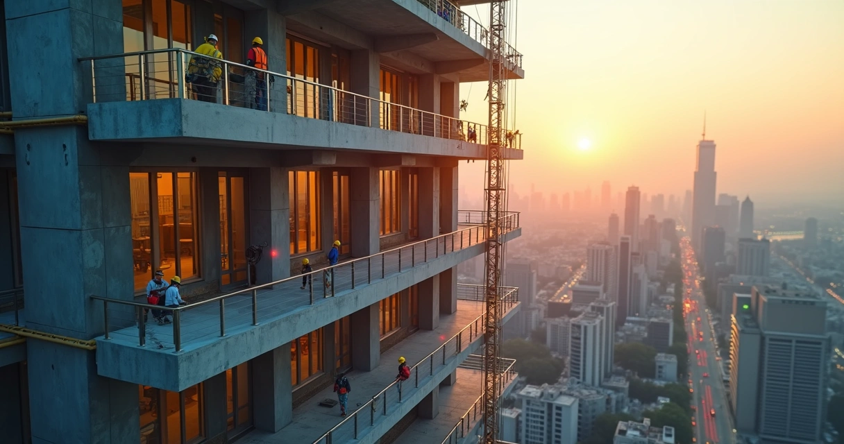 Vista aérea de obra vertical com sinalizações digitais em fachadas 