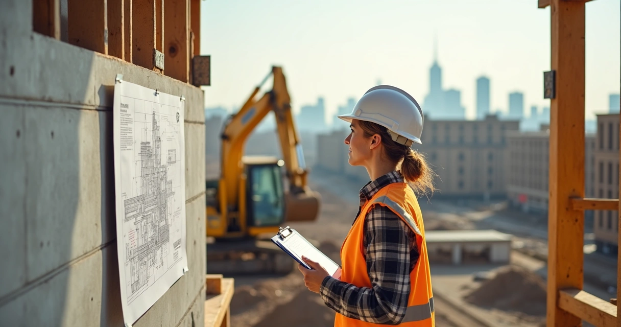Engenheiro vistoriando obra com prancheta e capacete, inspeção minuciosa. 