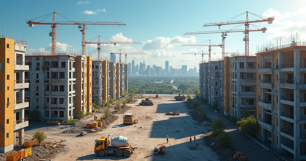 Construção de condomínio residencial com operários e guindastes 