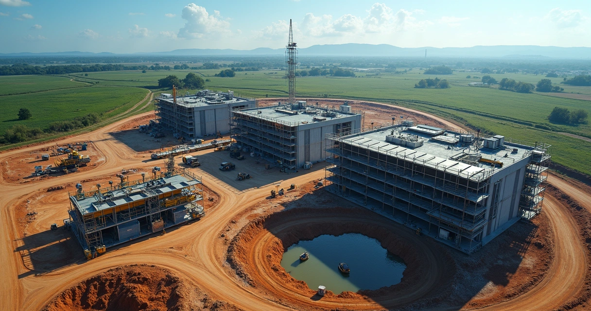 Vista aérea de obras industriais em Goiás com equipamentos modernos 