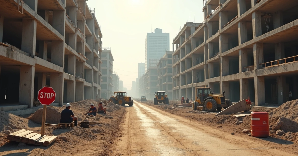 Obra de construção parada com equipamentos encostados e trabalhadores ociosos