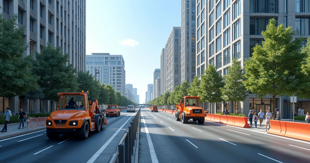 Obra de via pública com trabalhadores e equipamentos de construção civil 