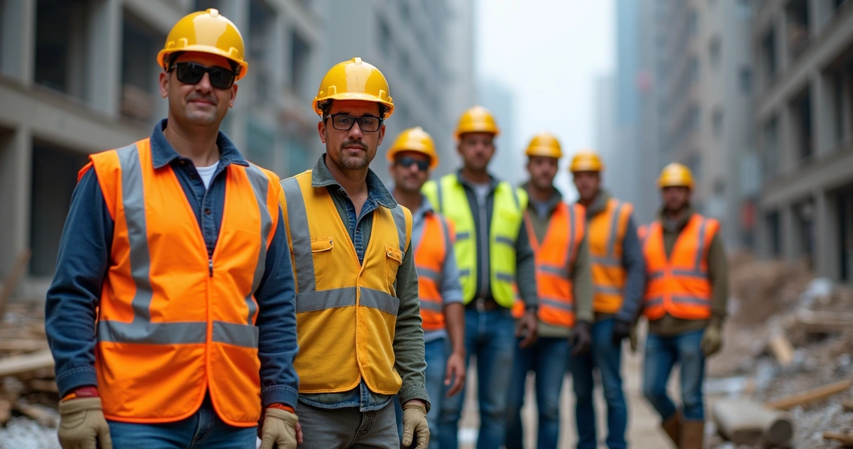 Trabalhadores de obra usando equipamentos de proteção individual no canteiro 