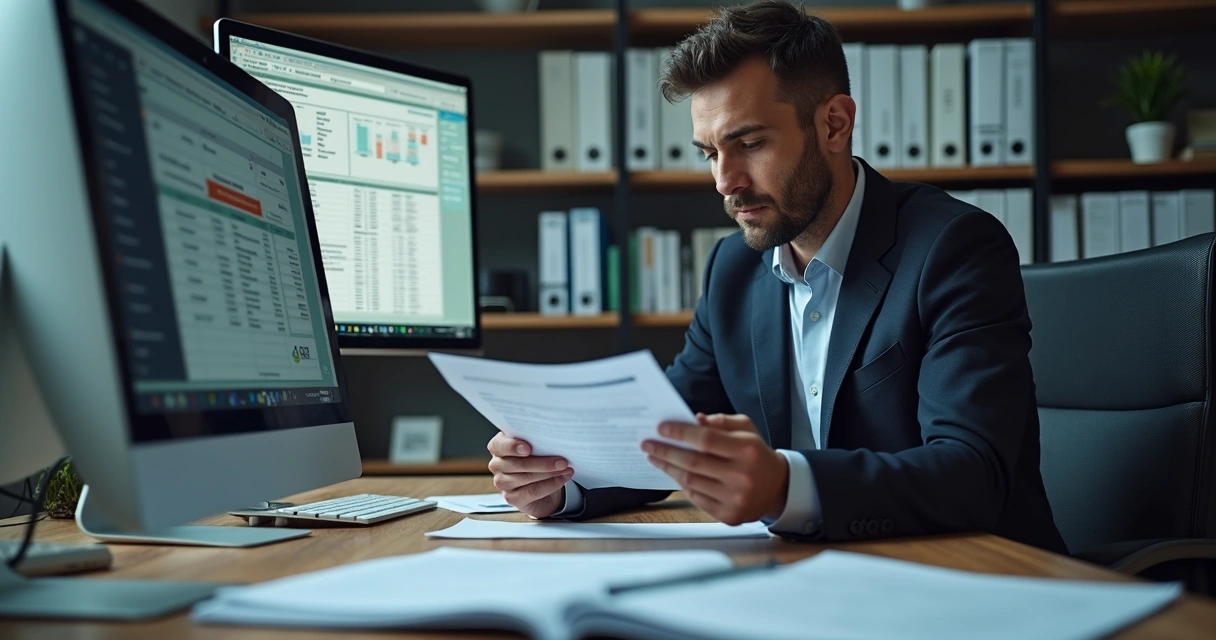 Homem de terno revisando pilha de relatórios fiscais em mesa de escritório moderno 