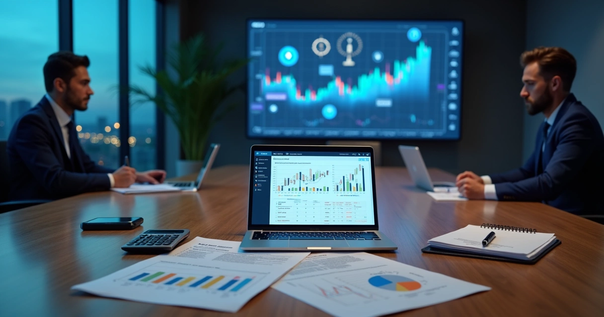 Executivos analisando gráficos de criptomoedas e impostos em um escritório moderno 