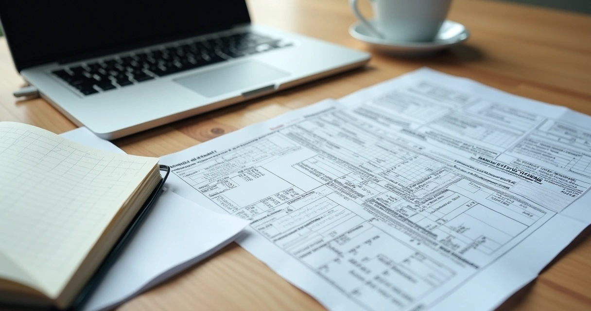 Mesa de escritório com documentos fiscais, notas e computador 