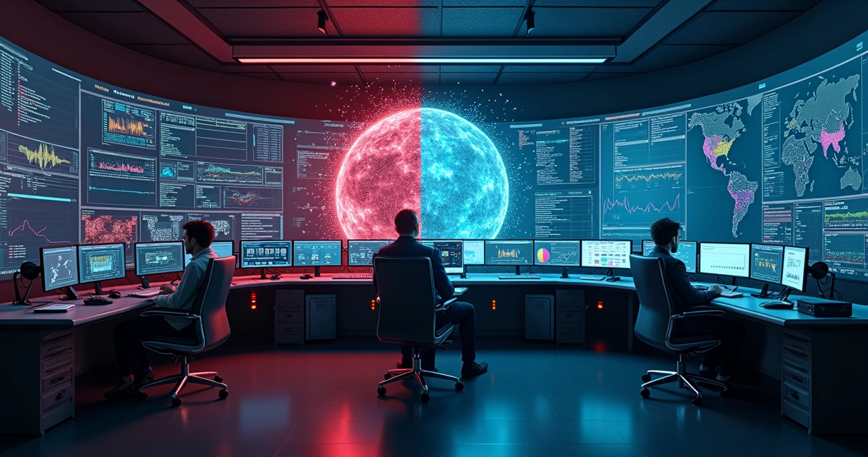 Metade de sala de operações com monitores rígidos e outra metade com painéis dinâmicos e coloridos 