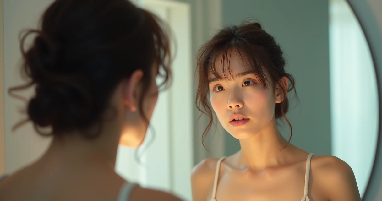 Pessoa se olhando atentamente no espelho em ambiente iluminado