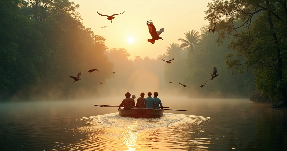 Observadores de pássaros em barco na Amazônia