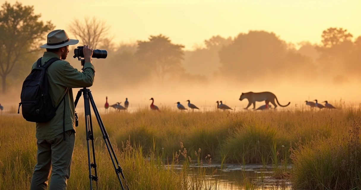 Turista com binóculos observando aves e onça-pintada em campo no Pantanal 
