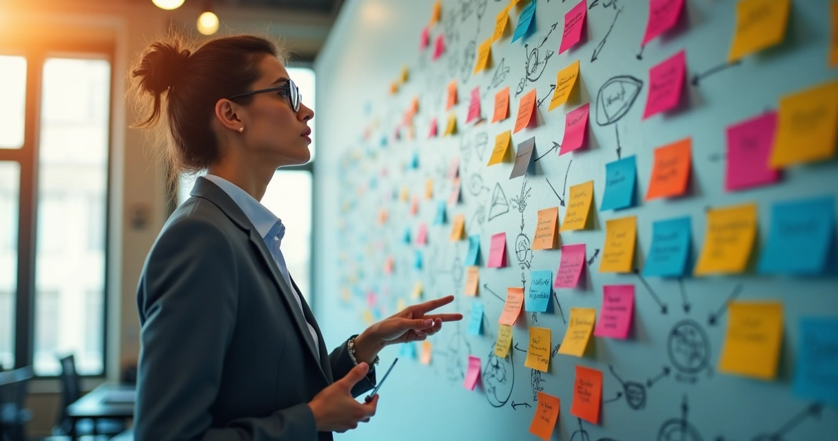 Uma pessoa observando um mural de papéis coloridos com conexões e setas desenhadas