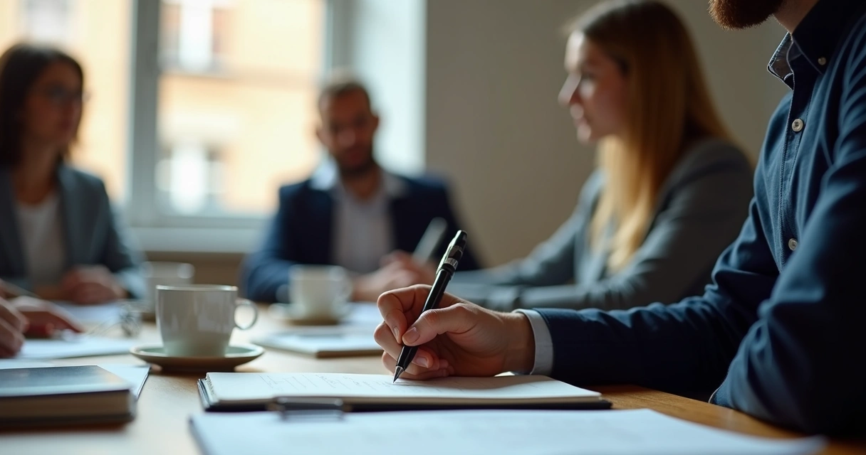 Pessoa concentrada escrevendo anotações em caderno durante reunião de grupo, ao fundo pessoas em discussão. 