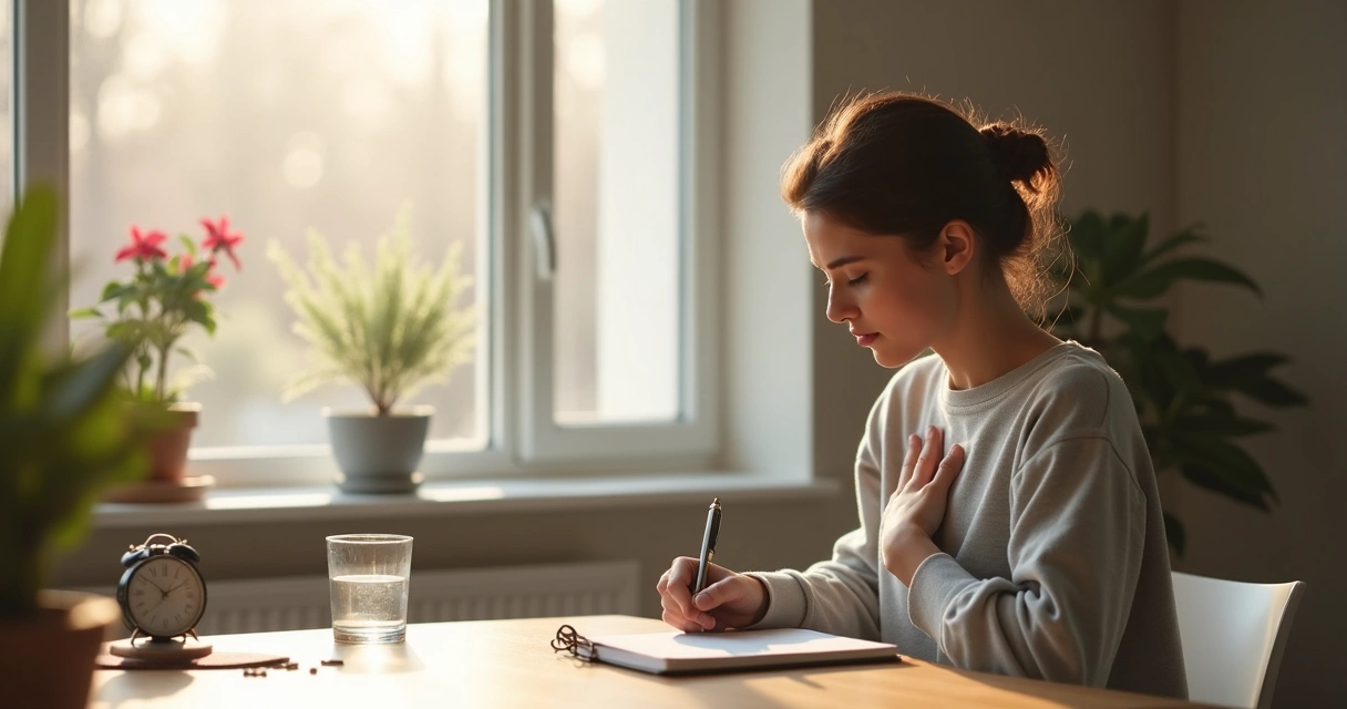 Pessoa anotando emoções em um caderno junto a uma janela