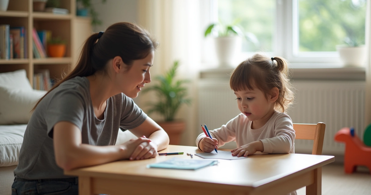 Adulto observando criança desenhando em casa